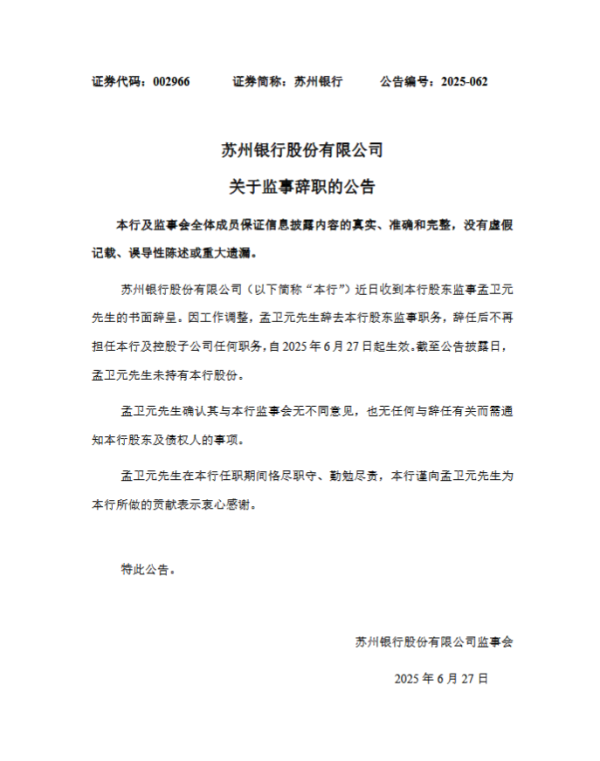 金铺子配资 苏州银行：孟卫元因工作调整辞任股东监事