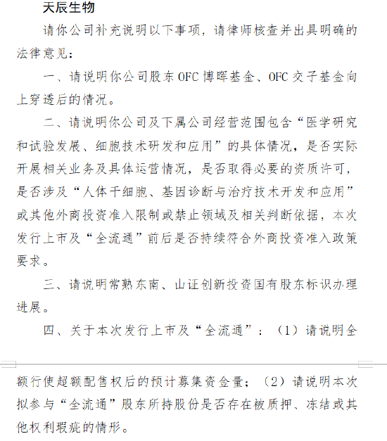 高忆管理 天辰生物收证监会备案反馈 需说明股东OFC博晖基金、OFC交子基金向上穿透后的情况